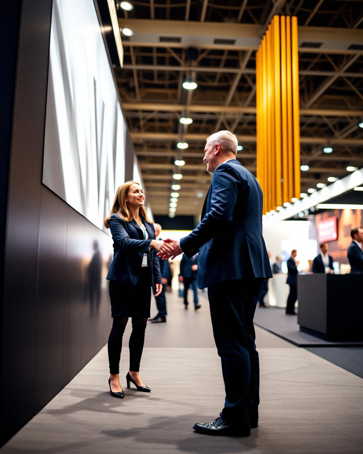 Exhibitor in conversation with a visitor at a trade show